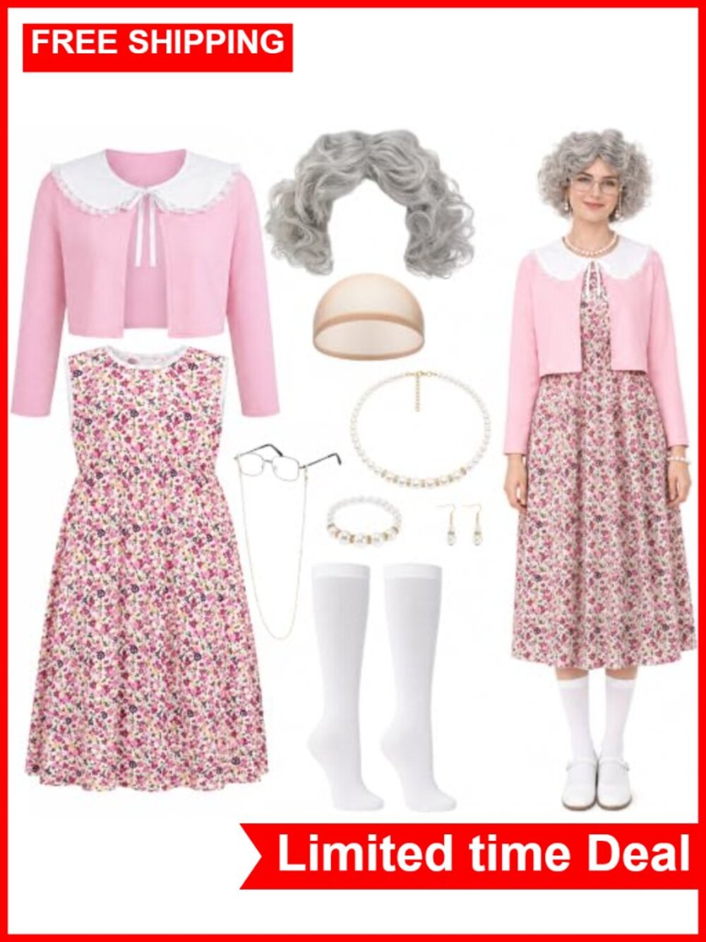 Old Lady Costume Set Velvet Coat Floral Dress Gray Wig Glasses Halloween